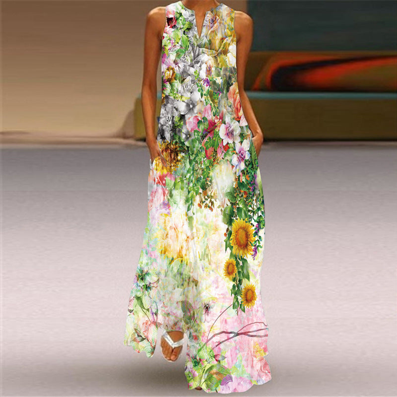 Summer Sunflower Boho Long Sleeveless Dresses