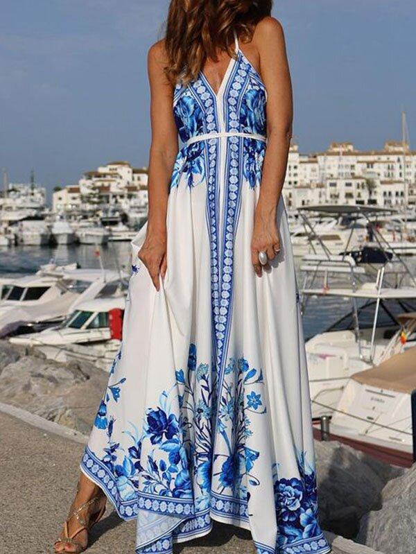 Blue Ethnic Backless Belt Maxi Dresses-STYLEGOING