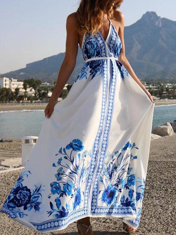 Blue Ethnic Backless Belt Maxi Dresses-STYLEGOING