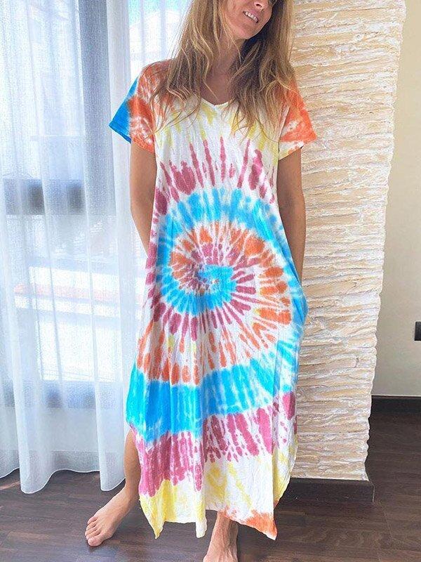 Tie-Dyed Short Sleeve Bohemia Midi Dress-STYLEGOING