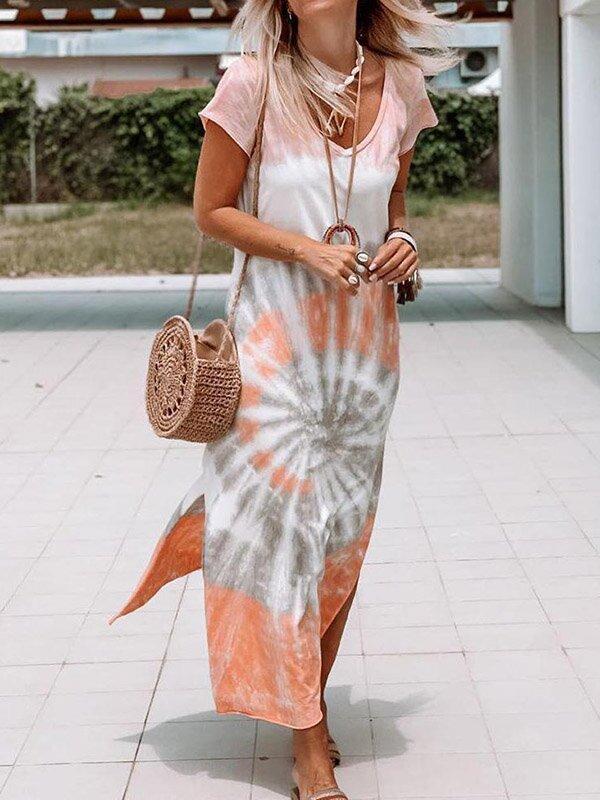 Tie-Dyed Short Sleeve Bohemia Midi Dress-STYLEGOING