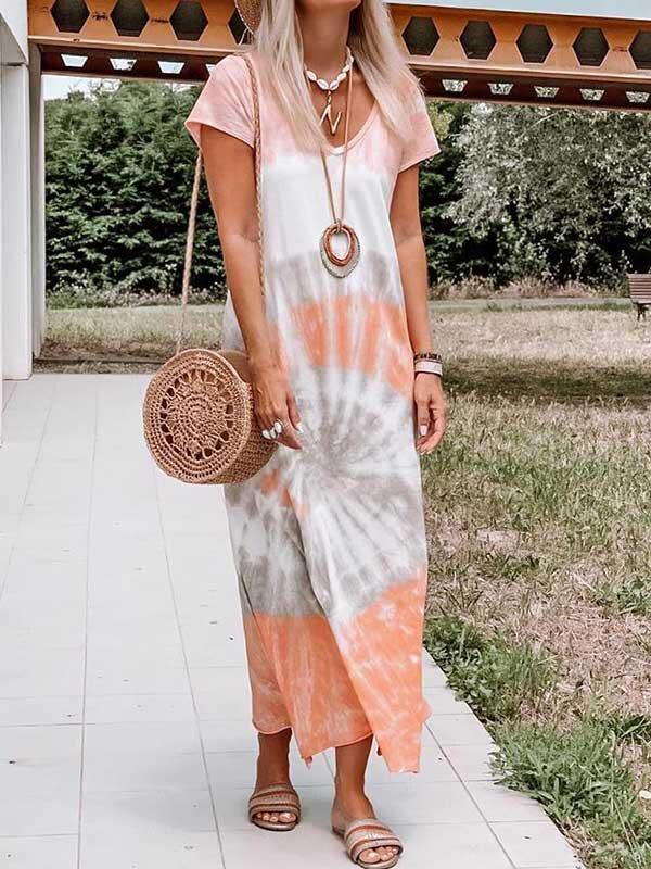 Tie-Dyed Short Sleeve Bohemia Midi Dress-STYLEGOING