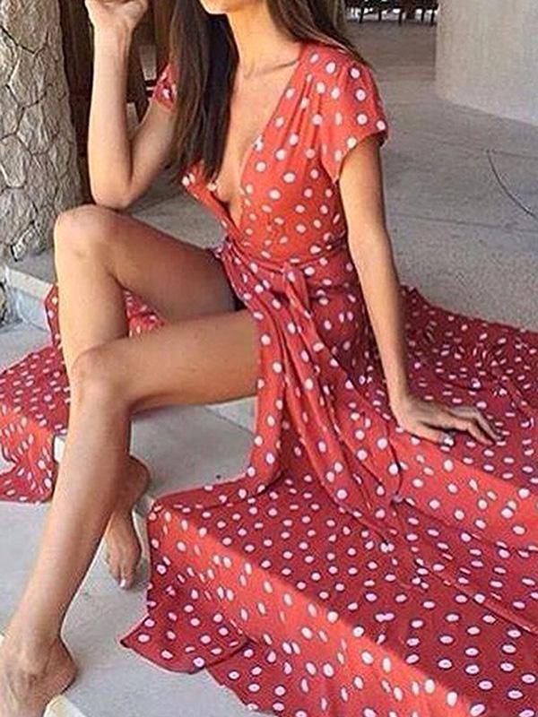 Floral V Neck Split Front Dot Maxi Dress-STYLEGOING