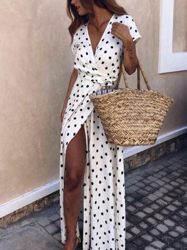 Floral V Neck Split Front Dot Maxi Dress-STYLEGOING