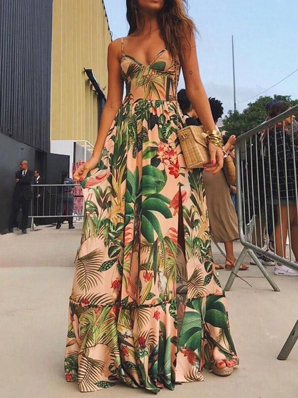 Green Hawaii Style Condole Belt Maxi Dresses-STYLEGOING