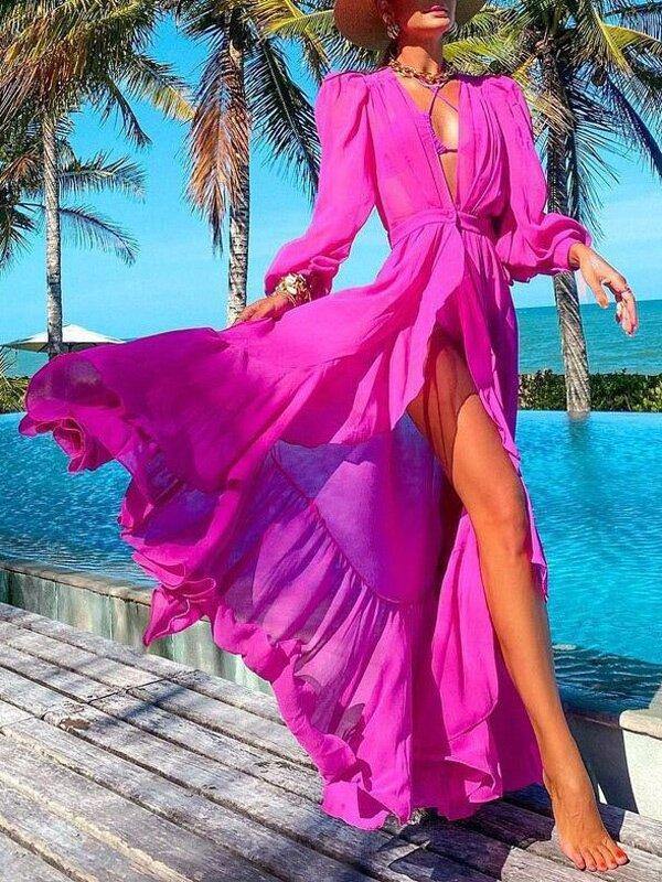 Split-Front Long Sleeves Maxi Dress-STYLEGOING