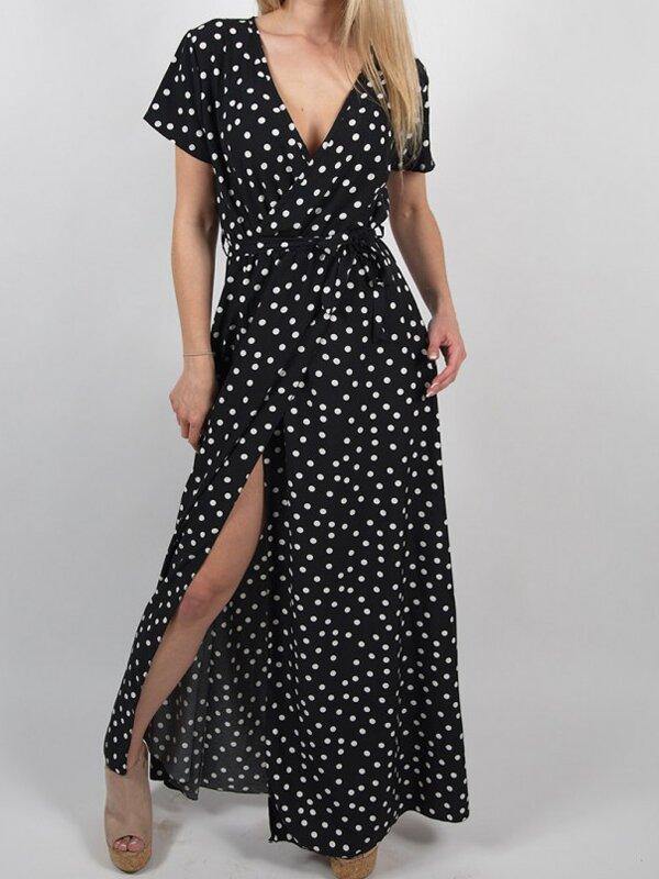 Floral V Neck Split Front Dot Maxi Dress-STYLEGOING