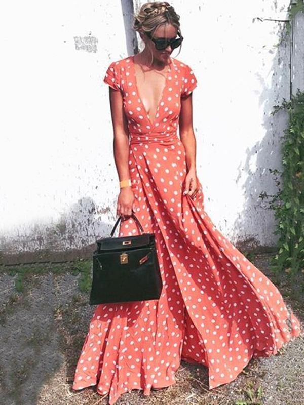 Floral V Neck Split Front Dot Maxi Dress-STYLEGOING