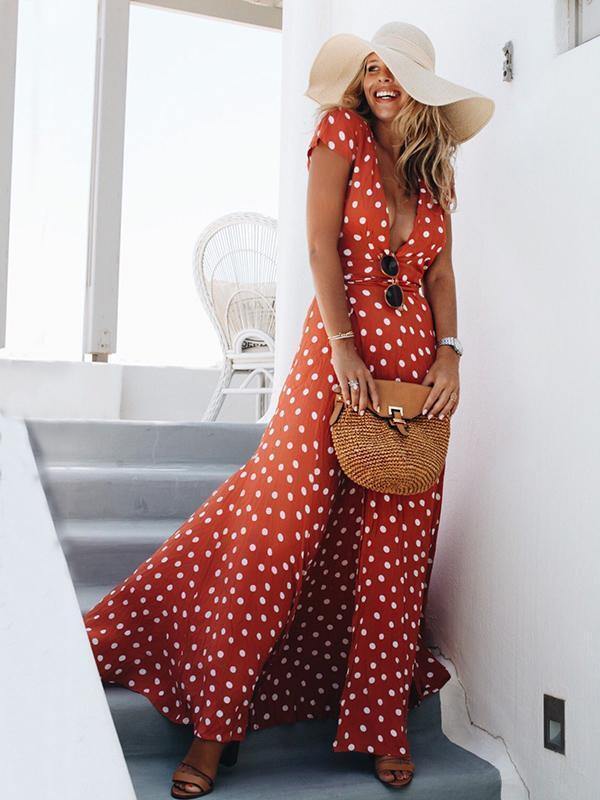 Floral V Neck Split Front Dot Maxi Dress-STYLEGOING