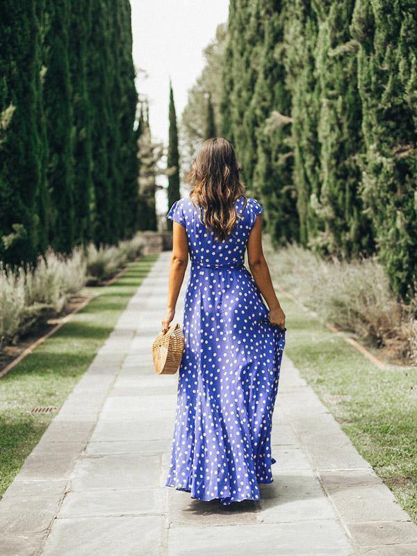 Floral V Neck Split Front Dot Maxi Dress-STYLEGOING
